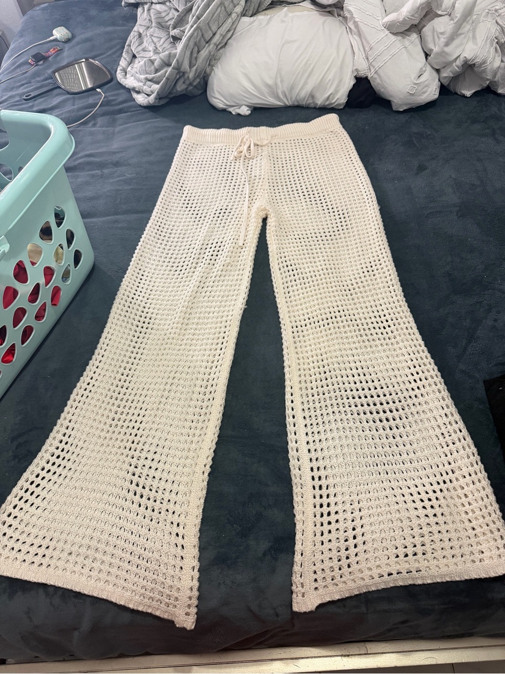 Time and Tru Cream Crochet Flare Pants with Drawstring